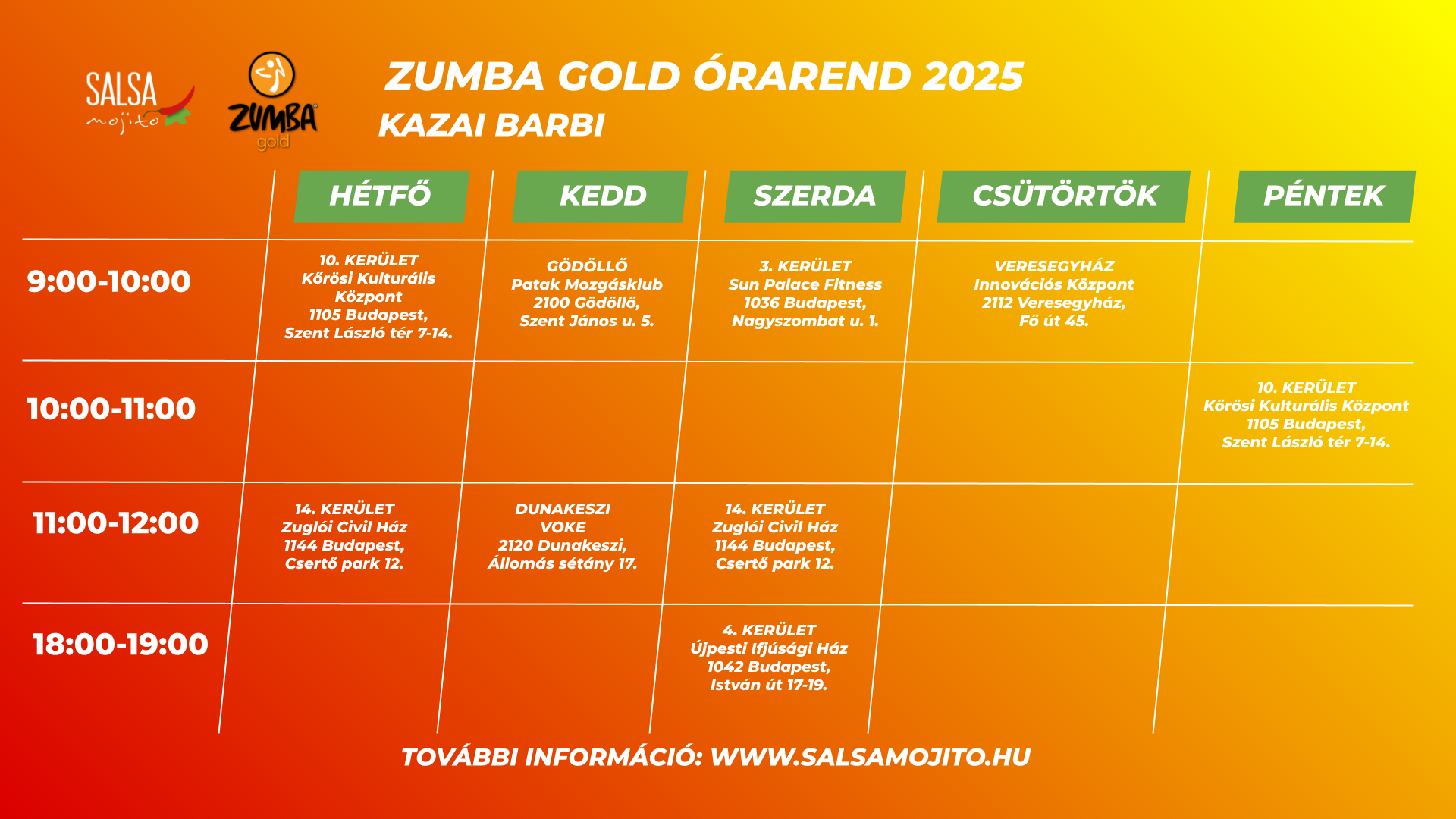 Zumba Gold órarend 2025 - Barbi január