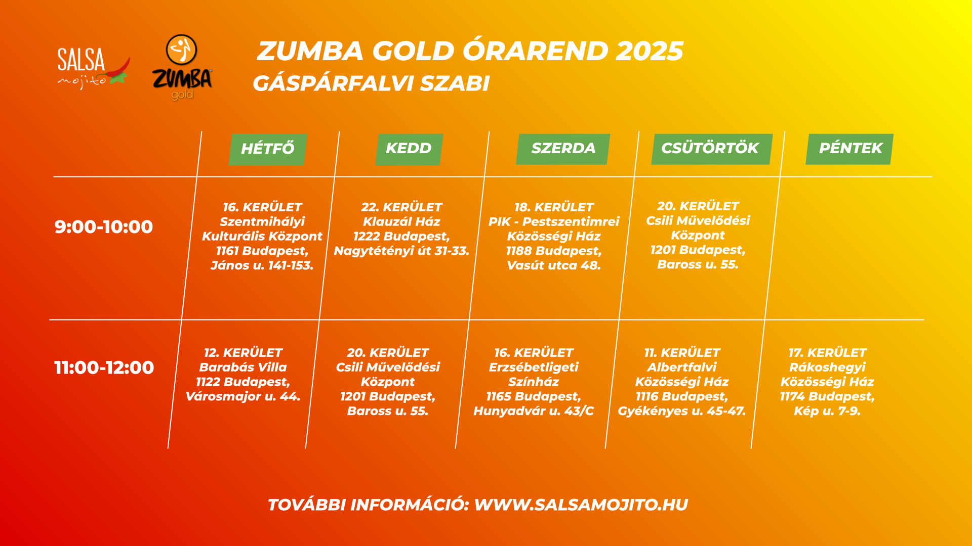 Zumba Gold órarend 2025 - Szabi január